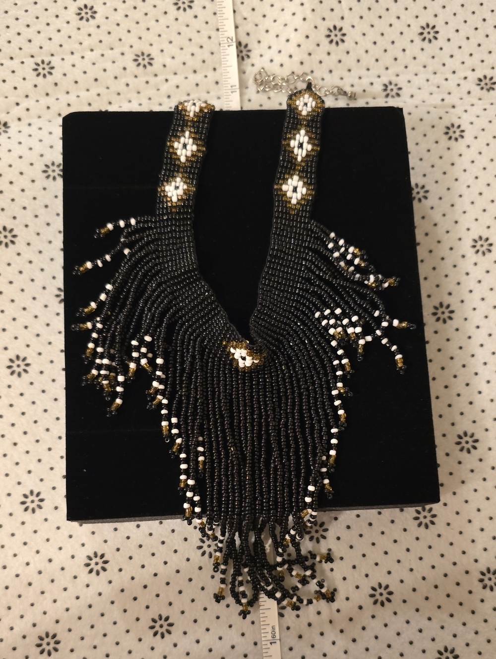 Handcrafted Black Beaded Fringe Chocker Necklace with Gold & White Accents